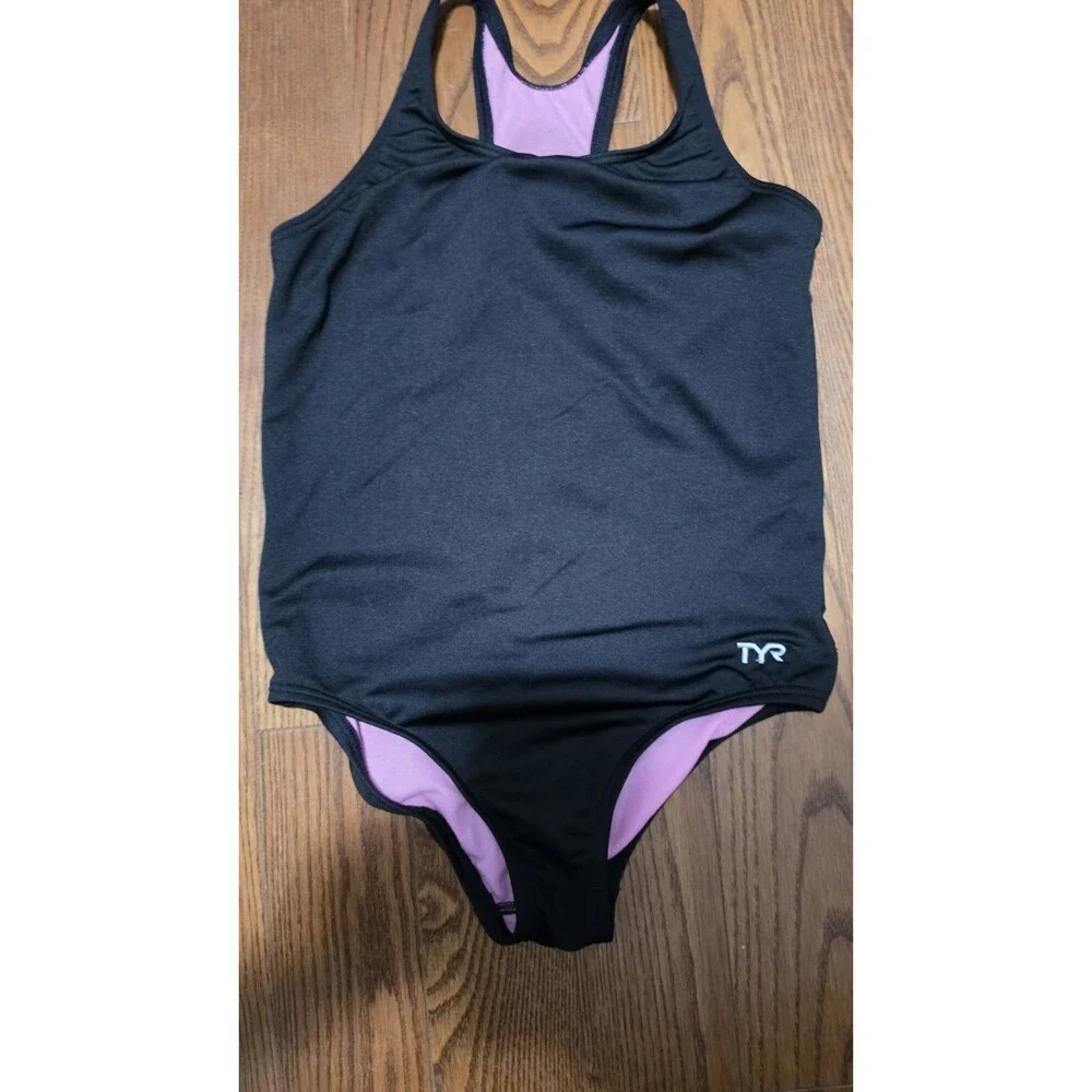 TYR Girls Solid Maxfit One Piece Swimsuit Black /Pink Size L (10/12)